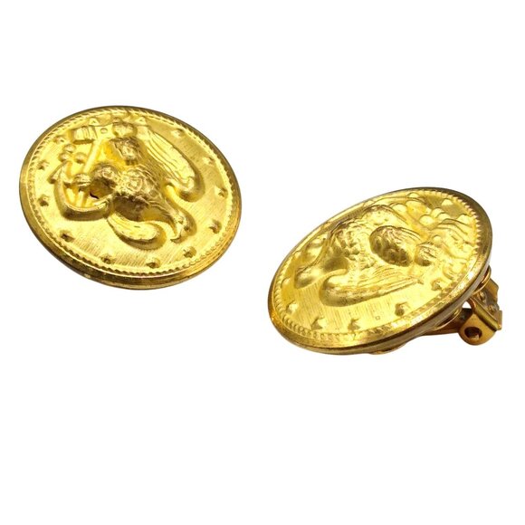 Vintage Alice Caviness Eagle Button Earrings, Gold Tone Repousse Clip On - Picture 2 of 4
